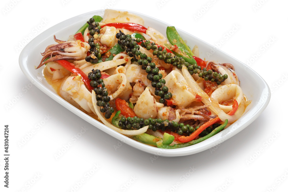 stir fried fresh squid with kampot pepper, cambodian cuisine
