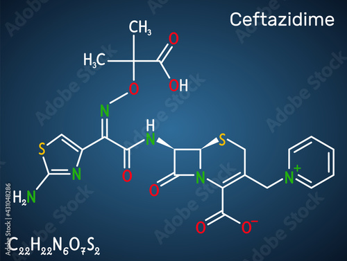 Ceftazidime molecule. It is cephalosporin, semisynthetic, antibacterial, antibiotic derived from cephaloridine. Structural chemical formula on the dark blue background