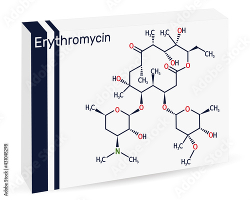 Erythromycin molecule. It is bacteriostatic antibiotic drug, belongs to the macrolide group. Paper packaging for drugs