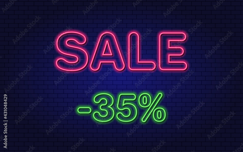 Discount 35 percent off. Neon design element. Glowing Vector Text. Discount 35 percent off. Neon design element. Glowing Vector Text.