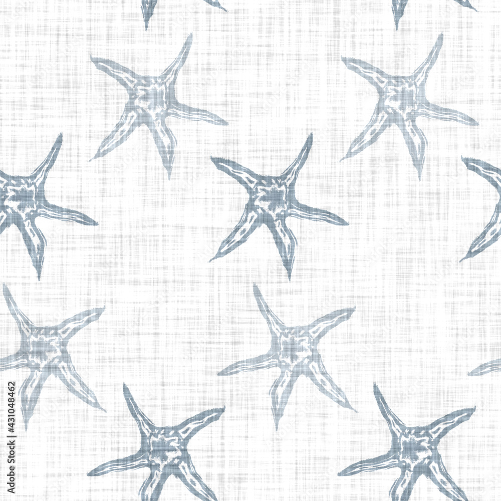 Blue scallop starfish block print on a soft white linen texture background. Seamless bright cloth fabric for fresh coastal cottage beach decor. Modern stylised marine sea star life hand drawn linocut