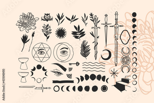 Hand drawn vector abstract stock flat graphic illustrations alchemy esoteric icons collection set with logo elements,magic sacred boho moon phases,stars,sun silhouettes isolated on white background