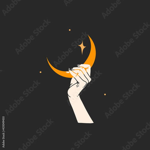 Hand drawn vector abstract stock flat graphic alchemy illustration with logo elements,magic line art of golden crescent,feminine hand silhouette and stars for branding,isolated on black background