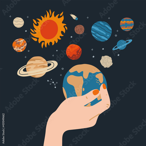 Beautiful female hand is holding Earth with other planets and stars around. Vector flat illustration isolated. photo