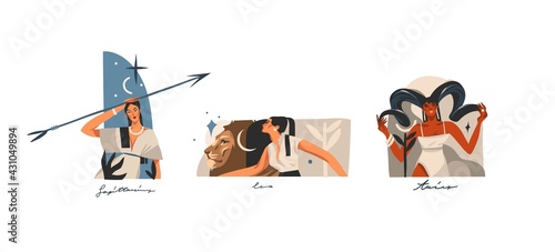 Hand drawn vector stock abstract graphic illustrations with zodiac astrological contemporary fire signs collection set,beauty magic female characters,clipart boho design isolated on white background