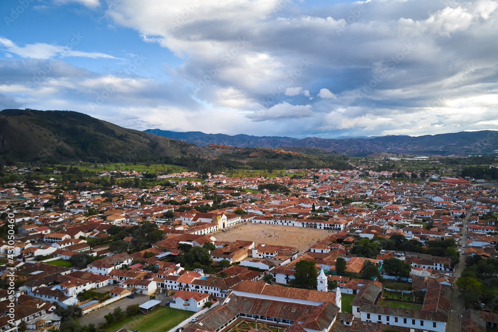 Aerial view of the town of Villa de Leyva with the mountains that surround it .Colombia