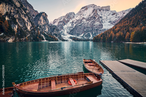 The beautiful Braies lake in late autumn with a little snow, Pearl of the Dolomite lakes is an UNESCO heritage and is located in the Braies Alto Adige,Italy