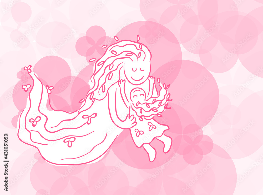 Happy Mothers Day. Lineart of flying mother and child Happy Mothers Day. Lineart of flying mother and child