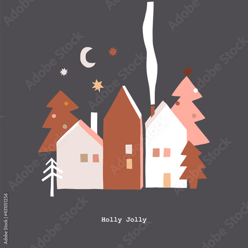 Magical Scandinavian Christmas starry night vector illustration. Whimsy holly Xmas tree hygge house modern abstract festive card. Seasonal winter holidays geometric shape graphic design