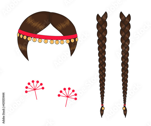 Long braids and jewelry on a white background. Cartoon. Vector illustration.