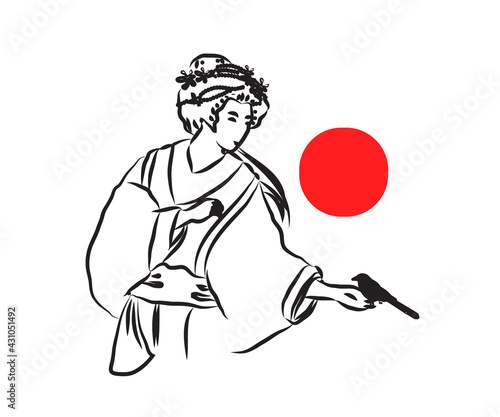 Japanese man and bird on a white background. Sketch. Vector illustration.