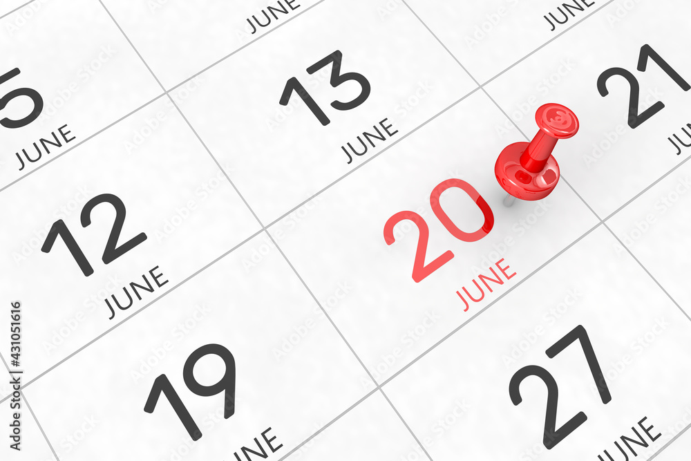 3d rendering of important days concept. June 20th. Day 20 of month. Red date written and pinned on a calendar. Summer month, day of the year. Remind you an important event or possibility. 3d rendering of important days concept. June 20th. Day 20 of month. Red date written and pinned on a calendar. Summer month, day of the year. Remind you an important event or possibility.