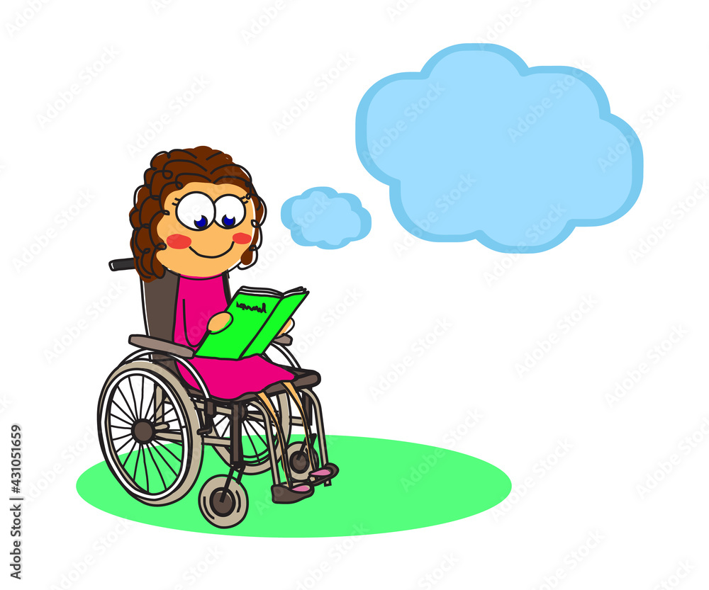 Girl in a wheelchair reads a book against white background. Cartoon. Vector illustration. Girl in a wheelchair reads a book against white background. Cartoon. Vector illustration.