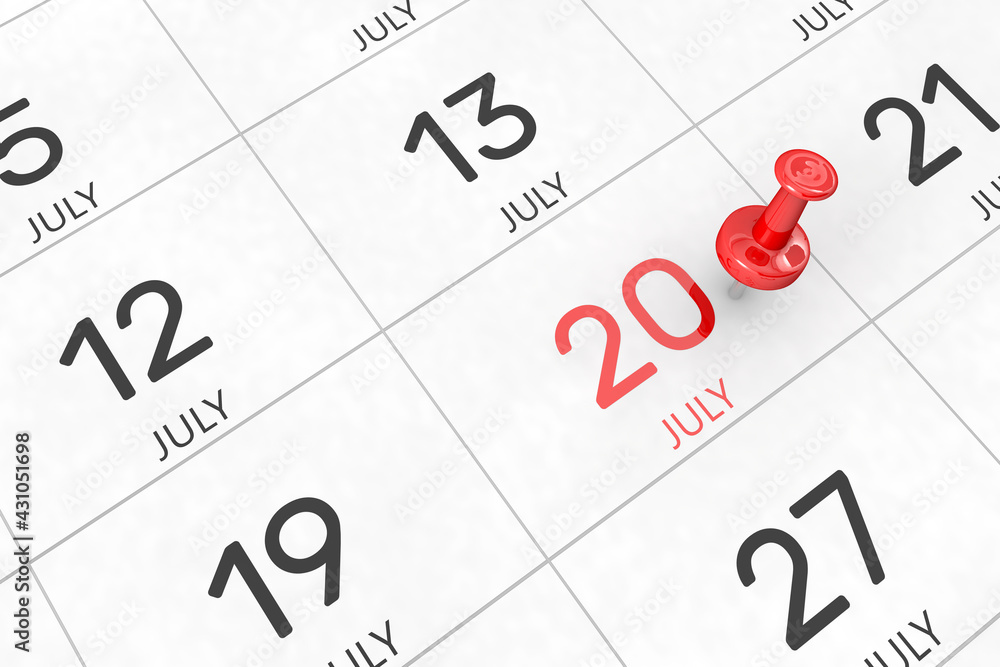 3d rendering of important days concept. July 20th. Day 20 of month. Red date written and pinned on a calendar. Summer month, day of the year. Remind you an important event or possibility. 3d rendering of important days concept. July 20th. Day 20 of month. Red date written and pinned on a calendar. Summer month, day of the year. Remind you an important event or possibility.