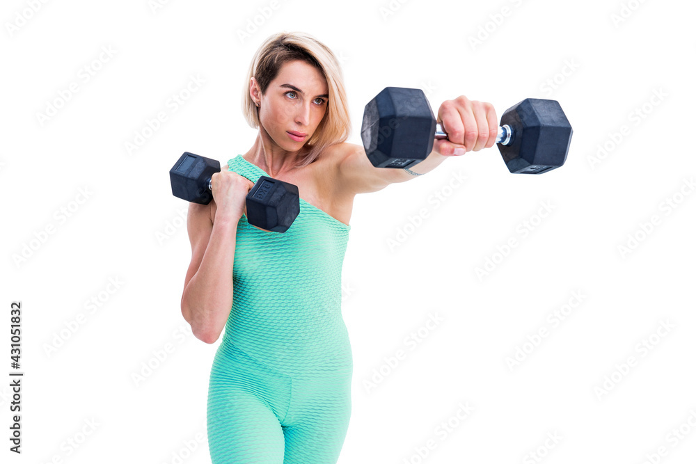Strong woman punching with barbells in hands during boxing class Strong woman punching with barbells in hands during boxing class