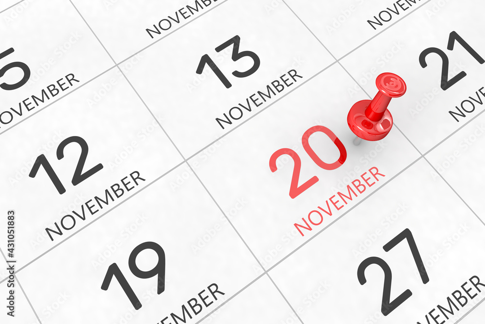 3d rendering of important days concept. November 20th. Day 20 of month. Red date written and pinned on a calendar. Autumn month, day of the year. Remind you an important event or possibility. 3d rendering of important days concept. November 20th. Day 20 of month. Red date written and pinned on a calendar. Autumn month, day of the year. Remind you an important event or possibility.