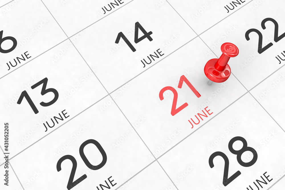 3d rendering of important days concept. June 21st. Day 21 of month. Red date written and pinned on a calendar. Summer month, day of the year. Remind you an important event or possibility. 3d rendering of important days concept. June 21st. Day 21 of month. Red date written and pinned on a calendar. Summer month, day of the year. Remind you an important event or possibility.