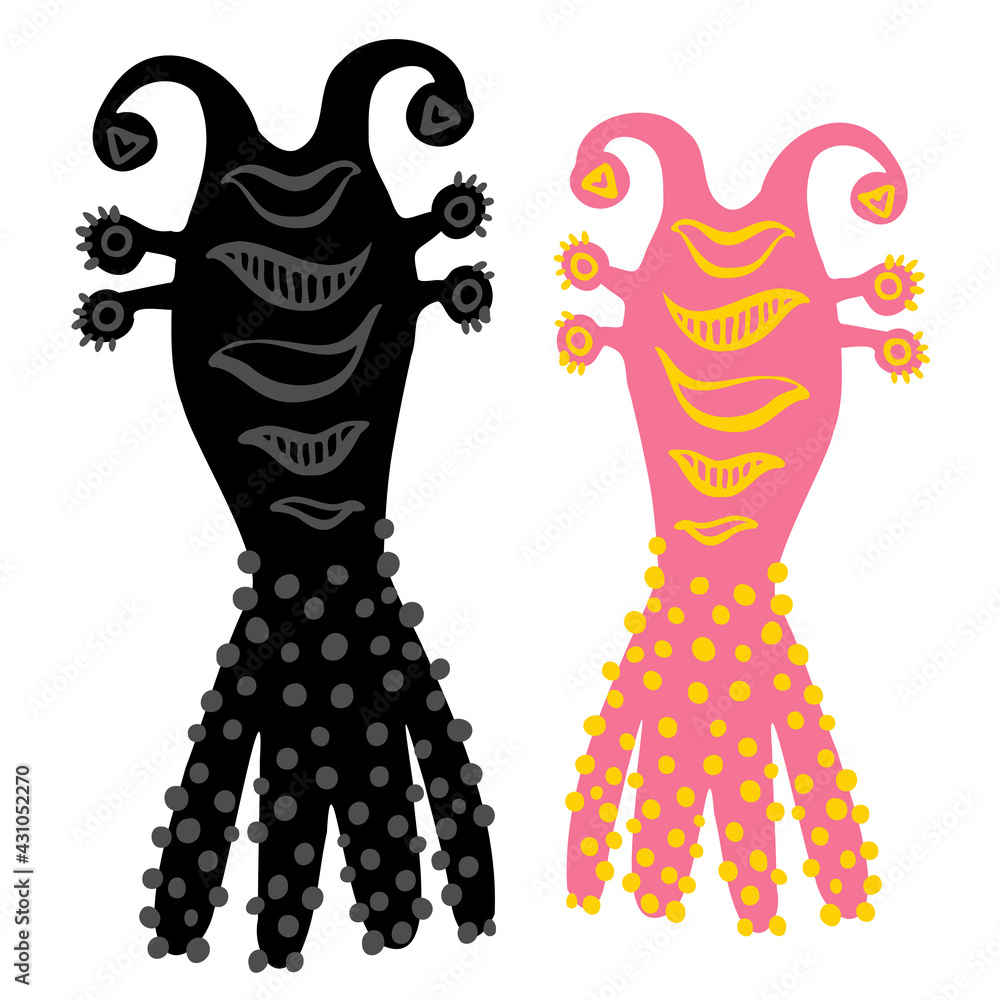 Isolated vector colorful and black and white design set of detailed silhouettes of aliens