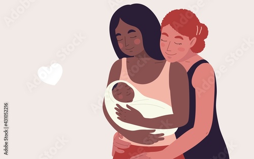 Portrait two mom women, African and Caucasian red hair, embracing their newborn baby. Vector illustration concept women's and LGBTQ rights, diverse family, multi-ethnicity, mother's day, baby shower