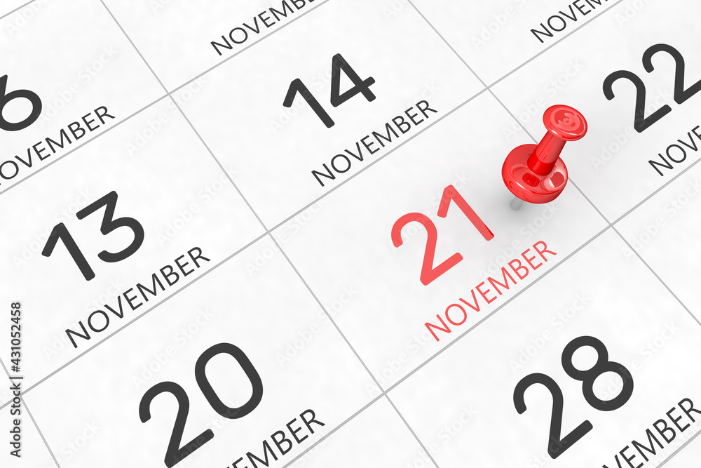 3d rendering of important days concept. November 21st. Day 21 of month. Red date written and pinned on a calendar. Autumn month, day of the year. Remind you an important event or possibility. 3d rendering of important days concept. November 21st. Day 21 of month. Red date written and pinned on a calendar. Autumn month, day of the year. Remind you an important event or possibility.