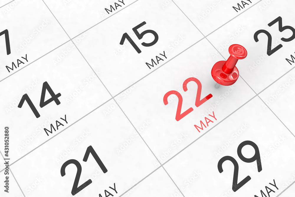 3d rendering of important days concept. May 22nd. Day 22 of month. Red date written and pinned on a calendar. Spring month, day of the year. Remind you an important event or possibility. 3d rendering of important days concept. May 22nd. Day 22 of month. Red date written and pinned on a calendar. Spring month, day of the year. Remind you an important event or possibility.