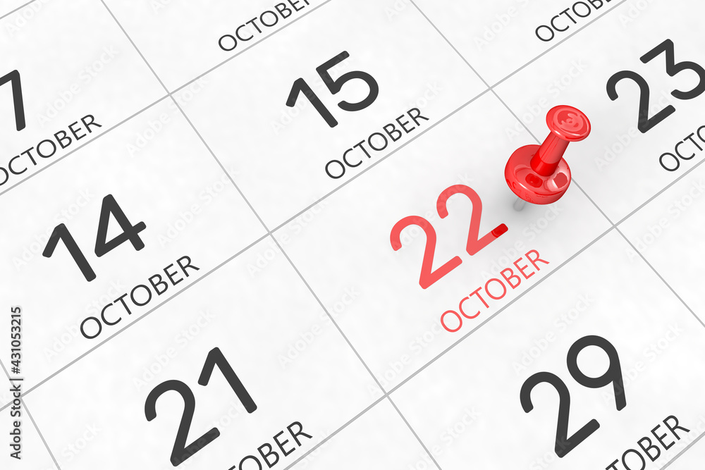 3d rendering of important days concept. October 22nd. Day 22 of month. Red date written and pinned on a calendar. Autumn month, day of the year. Remind you an important event or possibility. 3d rendering of important days concept. October 22nd. Day 22 of month. Red date written and pinned on a calendar. Autumn month, day of the year. Remind you an important event or possibility.