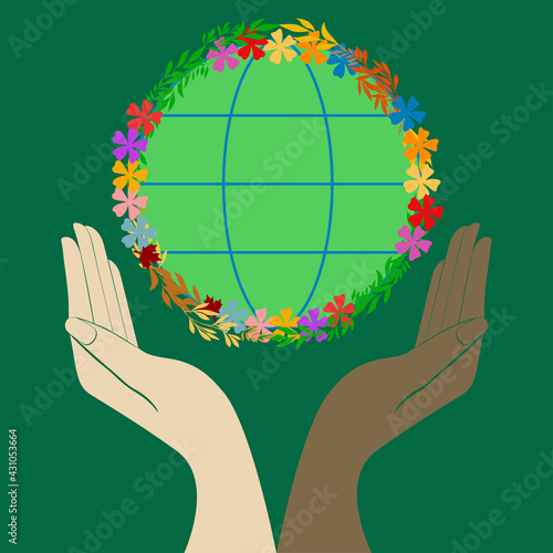 Green planet. Two different human hands holding Earth  Vector illustration for earth day and world environment day