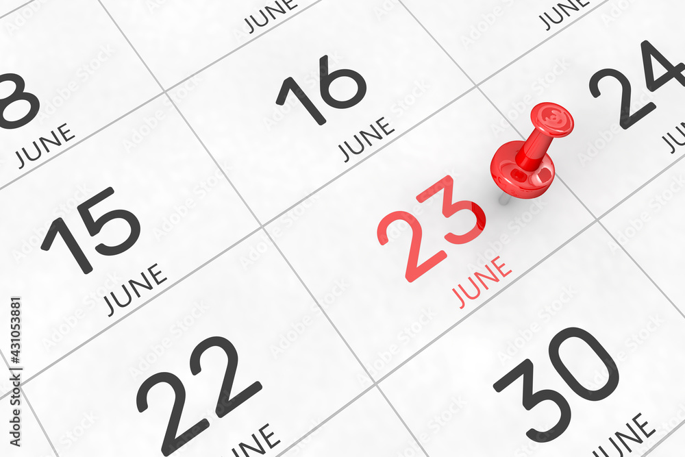 3d rendering of important days concept. June 23rd. Day 23 of month. Red date written and pinned on a calendar. Summer month, day of the year. Remind you an important event or possibility. 3d rendering of important days concept. June 23rd. Day 23 of month. Red date written and pinned on a calendar. Summer month, day of the year. Remind you an important event or possibility.