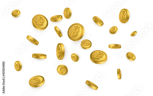 BTC. Bitcoin gold coins explosion isolated on white background. Cryptocurrency concept. Vector illustration