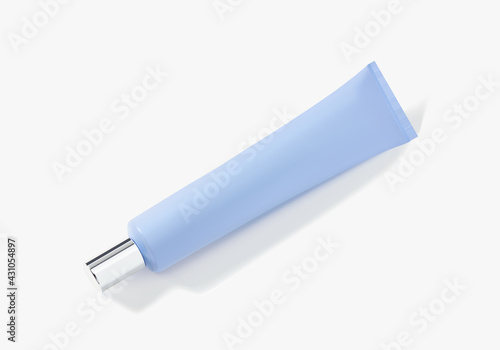 Natural skincare product branding mock up. Blank blue realistic bottle plastic tube with silver cap. Packaging of cream, body lotion, serum, gel or facial foam. 3d vector.