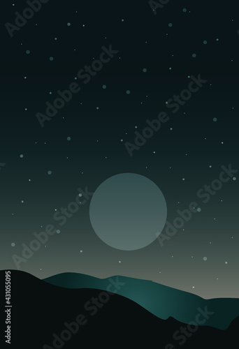 Vector image of a landscape at night. Moon and stars illuminating mountains, valleys, dunes, desert. Modern flat image. Design for cards, posters, backgrounds, textiles, templates. © AlOsmachkina