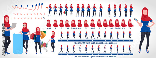 Islamic Girl Character Design Model Sheet with walk cycle animation. Girl Character design. Front, side, back view and explainer animation poses. Character set with various views and lip sync 
