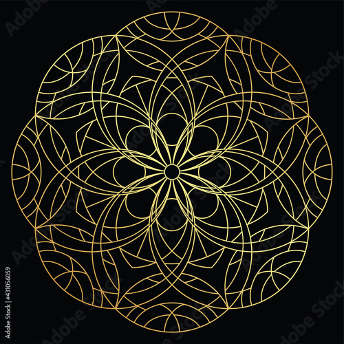 Round ornament golden line art mandala. Luxury metallic illustration