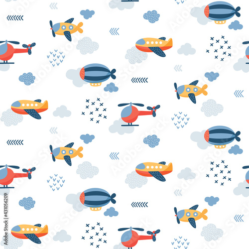 Seamless vector children pattern with cute cartoon transport vehicles: airplane, helicopter, airship