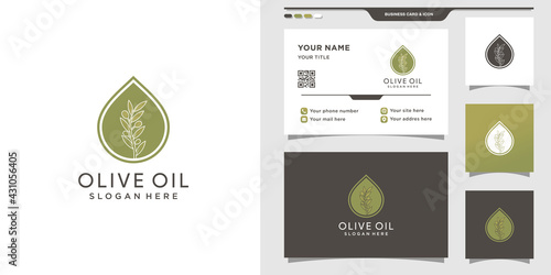 Olive logo combined with water drop and creative concept. Olive oil logo and business card design Premium Vector