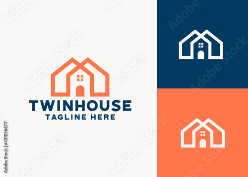 twin house monoline logo template vector