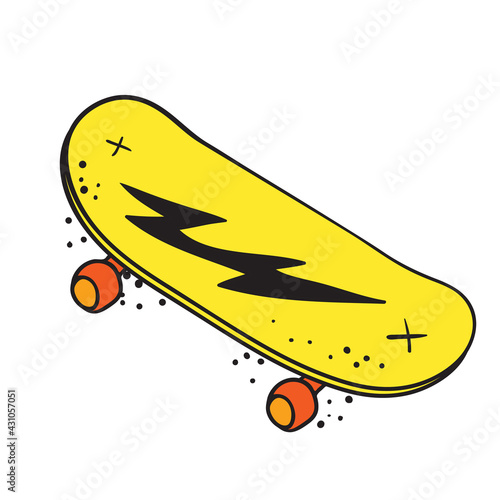 Hand drawn skateboard. Skateboarding doodle illustration.