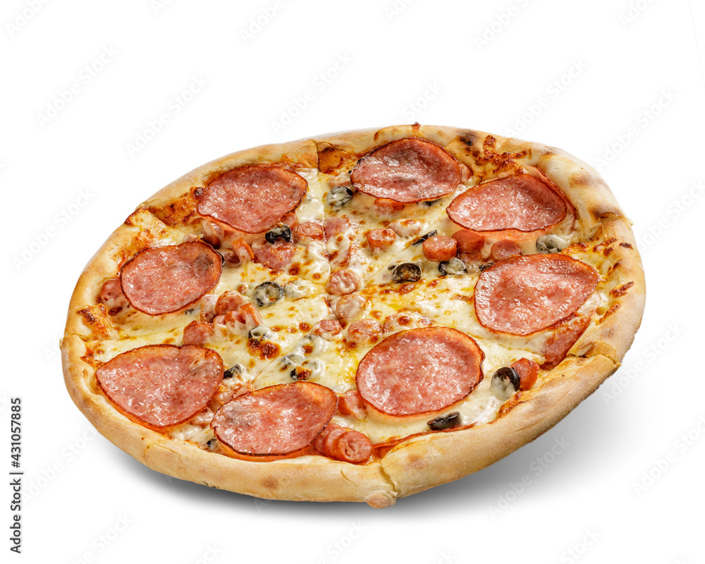 Pizza with cheese and tomato sauce isolated on white background. olive and salami topping.