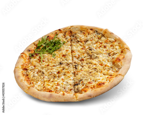 Pizza with cheese and tomato sauce isolated on white background. chicken meal and parmesan topping.