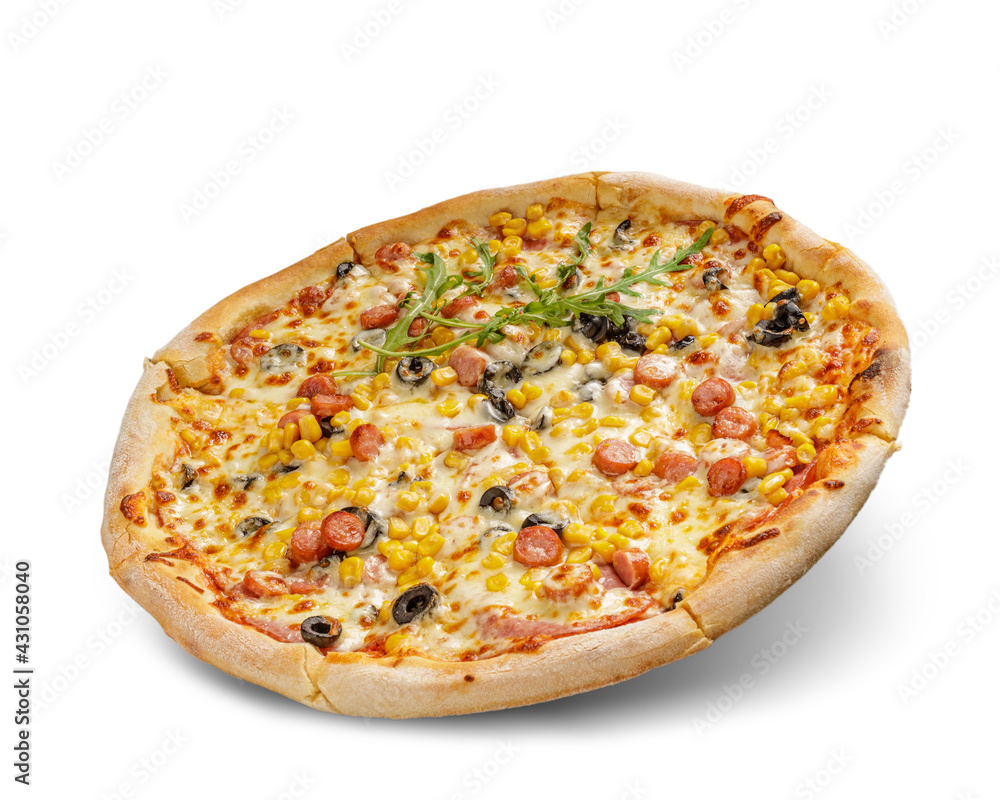Pizza with cheese and tomato sauce isolated on white background. sausage, olive and maize topping.