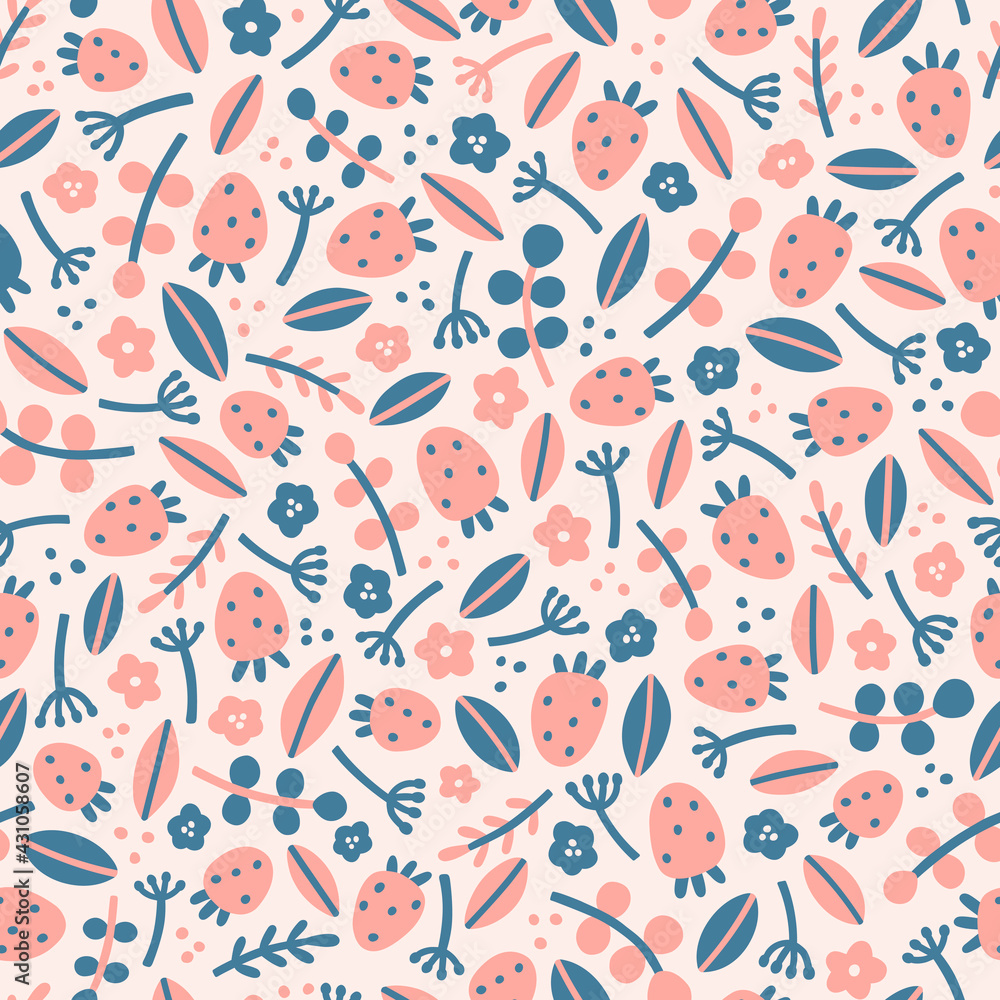 Cute strawberries and leaves. Vector hand drawn seamless pattern Cute strawberries and leaves. Vector hand drawn seamless pattern