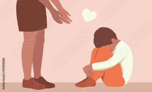 Illustration concept of childhood and relationship problems, education, psychology. Sad and angry child is helped by mom, babysitter or other person. Insecurity, loneliness, problems at home, tantrums