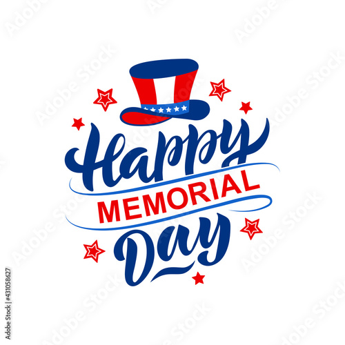 Happy Memorial day handwritten text isolated on white background for poster, greeting card, logo. Modern brush ink calligraphy, hand lettering. Vector circle-shaped Illustration in red and blue