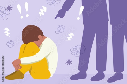 Illustration concept bullying, childhood, education, verbal violence. Sad and scared child is bullied by others at school. Insecurity, loneliness, low grades, problems with parents, depression.