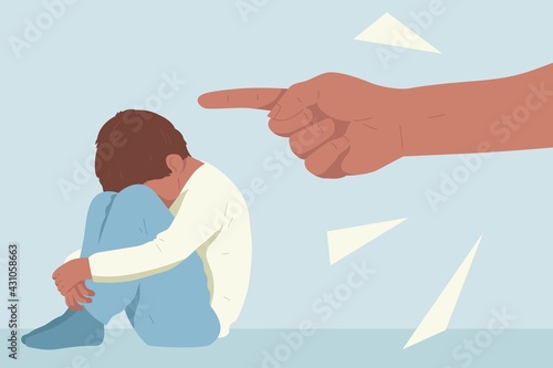Illustration concept childhood, education, psychology. Sad and scared child is scolded by parents, teacher, person. Insecurity, loneliness, low grades, problems at home, hyperactivity.
