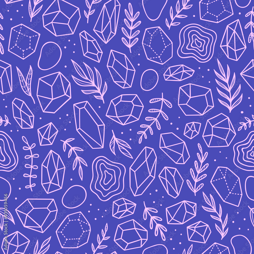 Obraz premium Boho style crystals and plants. Vector seamless pattern