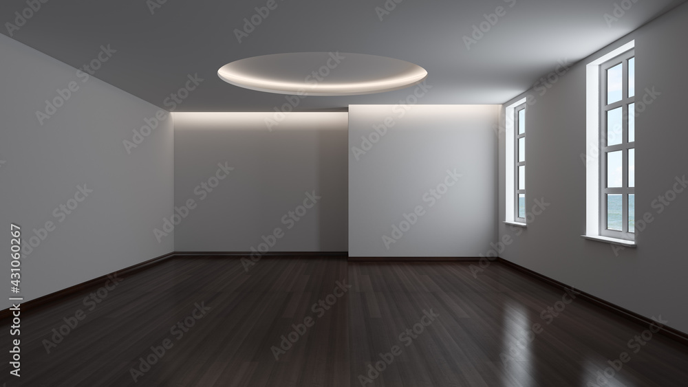 Empty Interior with Two Windows, White Plastered Walls, Cornice Lighting and Dark Parquet Floor with Plinths. 3D Rendering, Ultra HD 8K 7680x4320 Empty Interior with Two Windows, White Plastered Walls, Cornice Lighting and Dark Parquet Floor with Plinths. 3D Rendering, Ultra HD 8K 7680x4320