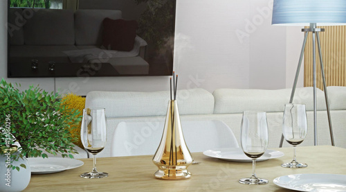 lit incense sticks on the set table
