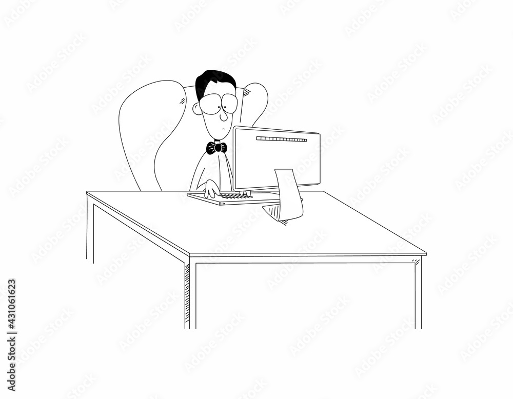 Funny cartoon man or nerd boy sit in chair at desk working on computer. Funny guy clerk or student with bow tie and glasses looks at monitor.Vector illustration like sketch in black and white Funny cartoon man or nerd boy sit in chair at desk working on computer. Funny guy clerk or student with bow tie and glasses looks at monitor.Vector illustration like sketch in black and white