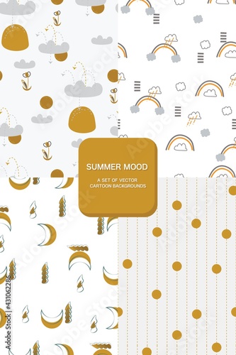 A collection of seamless cartoon patterns on the theme of summer in pastel gentle colors. Rain with clouds, flowers, haystack, rainbow, orange sun, intermittent stripes on a white background, moon.